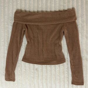 Off-Shoulder Ribbed Brown Sweater